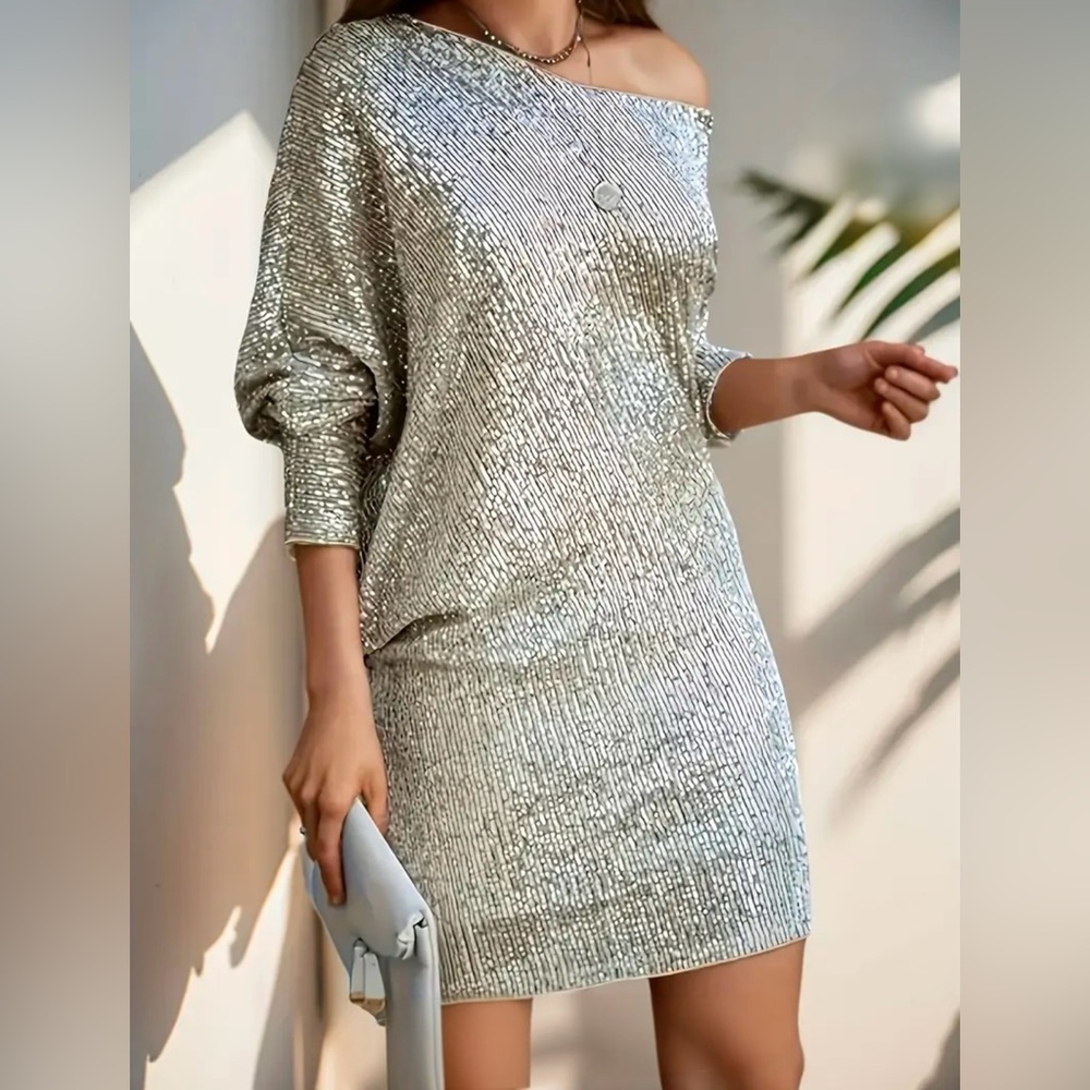 Womens Sparkly Glitter Off The Shoulder Round Neck Short Sleeve Bodycon Dress